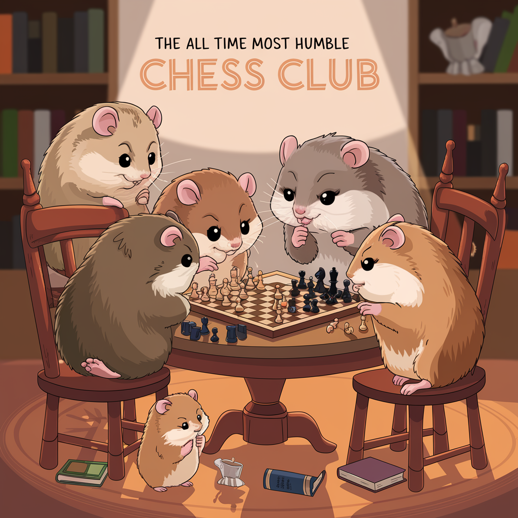 Hamsters playing chess on a chess board together with the word "The All Time Most Humble Chess Club" in the background.